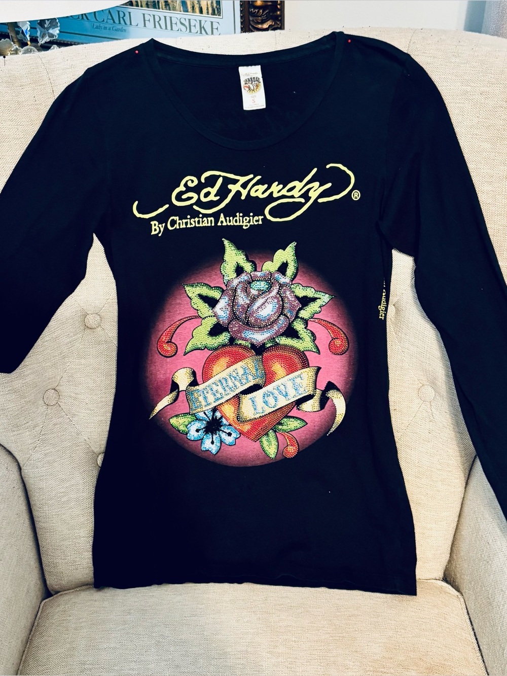 Ed Hardy Women’s Long-Sleeve Graphic  Bead Embellished Tee - 'Eternal Love' Sz S